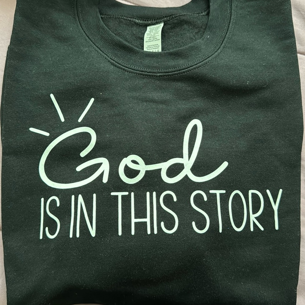 God is in this story, large black sweatshirt, long sleeve new